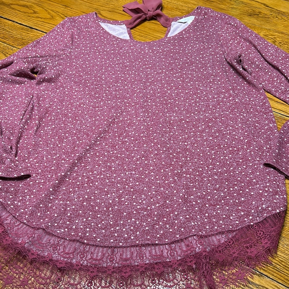 LC Lauren Conrad purple/white dotted sweater. Lace trim. Ties in back. Large.